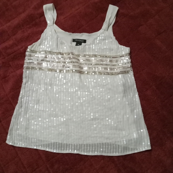 White House Black Market Cream Sequined Shear Overlay Sleeveless Blouse - Picture 2 of 5